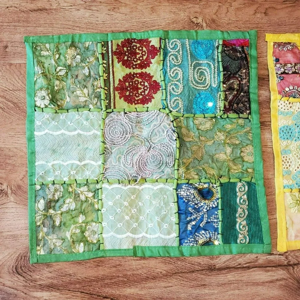 Handmade Embroidered Sequined Quilted Pillow Covers, Set of 2, Colorful Boho